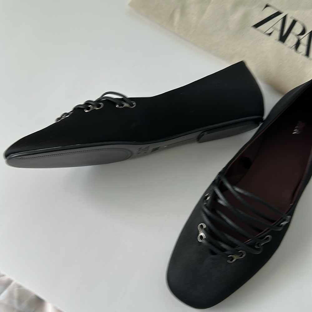 Zara Black Lace-Up Women's Flats - Picture 9 of 15